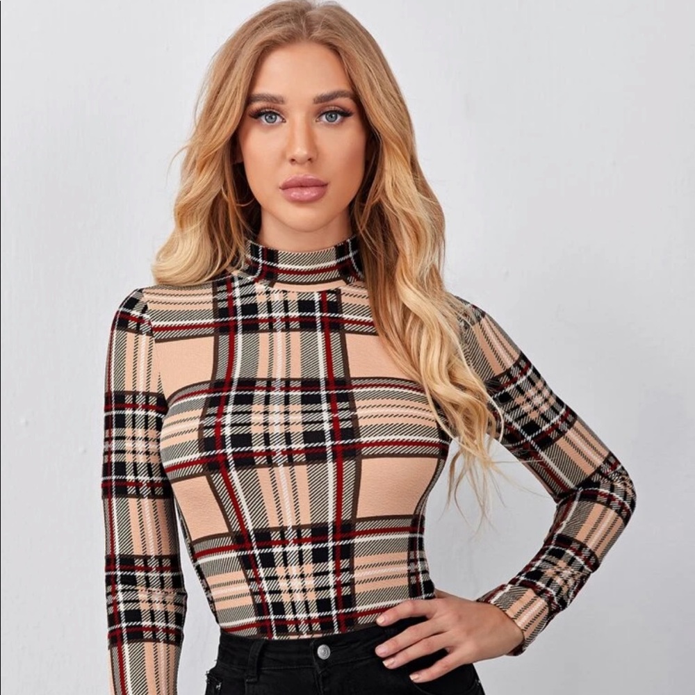 Plaid Mock Neck Fitted Tee